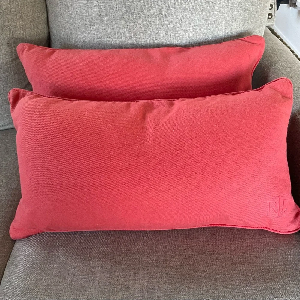Ralph Lauren Red Cotton Lumber Pillowcases with Feather Pillows Set of 2